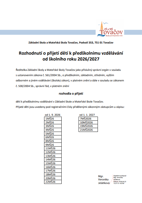 Rozhodnutí o&nbsp;přijetí k&nbsp;předškolnímu vzdělání na&nbsp;rok 2026/2027